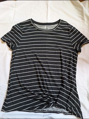 24/7 Striped Twist-Hem Short Sleeve Top - Black/White